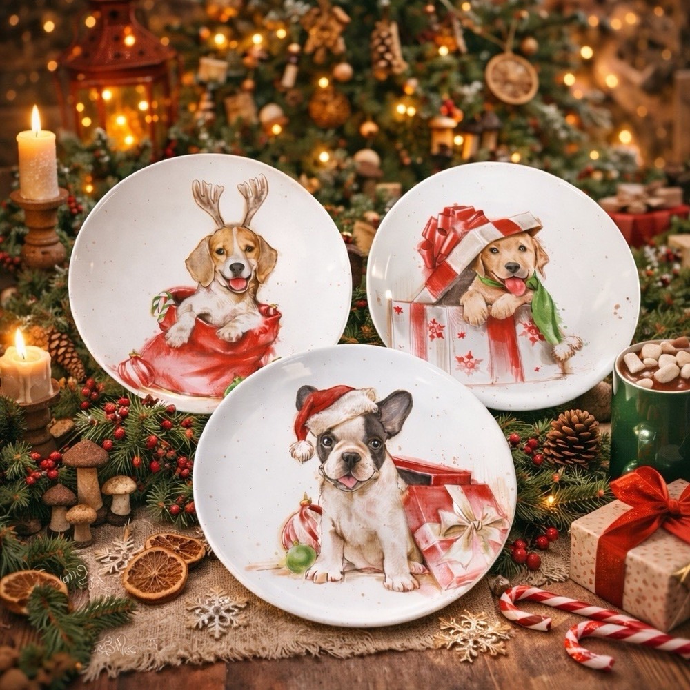 Southern Living (Dillards) 8.5" Plates (3) Dogs Christmas Frenchie, Lab, Golden